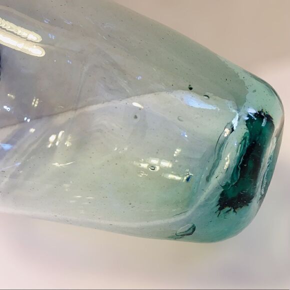 Green Tint Cobalt Blue Rim Bubbled Blown Art Glass Bud Vase - Picture 14 of 16